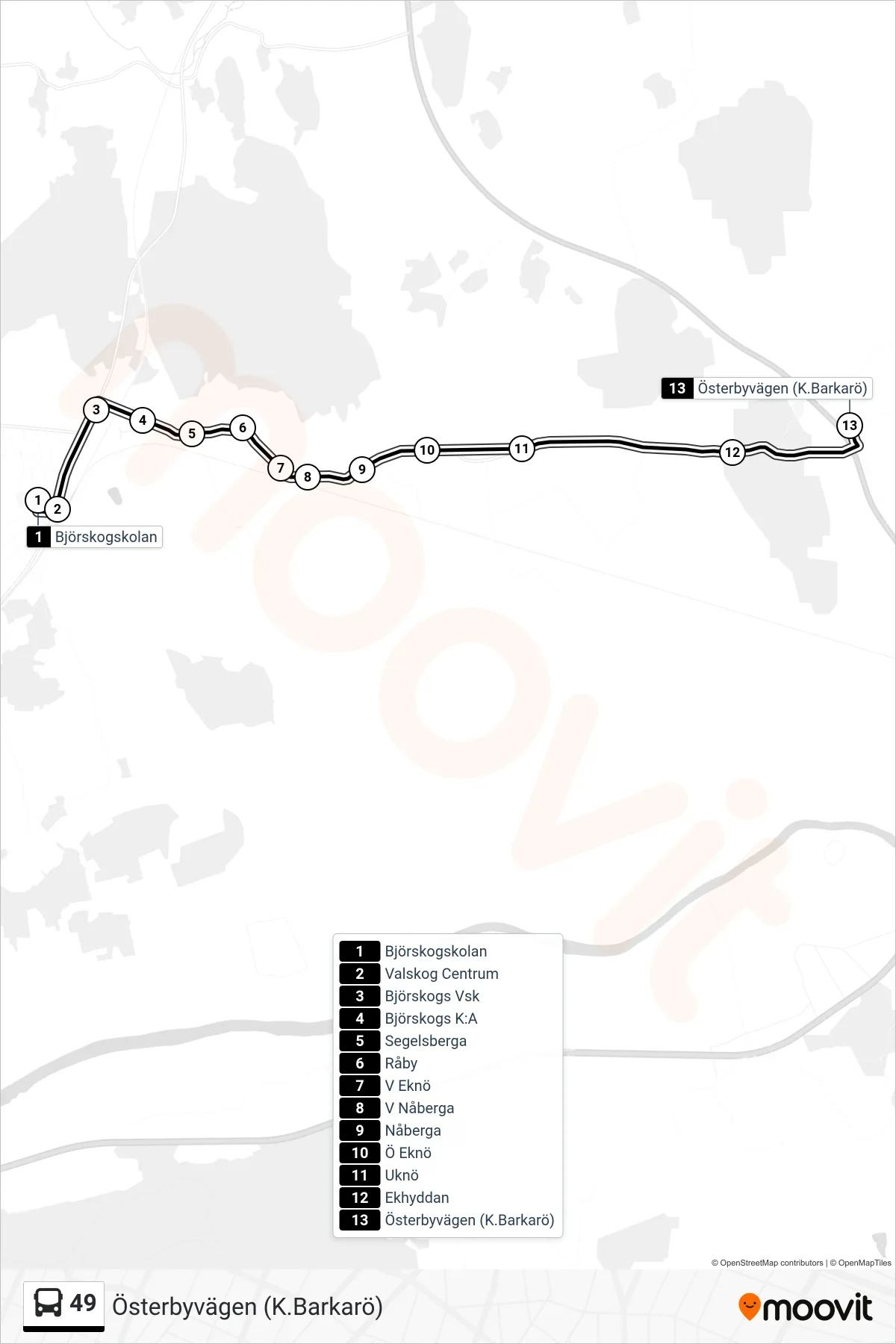 Rutt och hållplatser på karta för linje 49 buss, (Österbyvägen (K.Barkarö))
