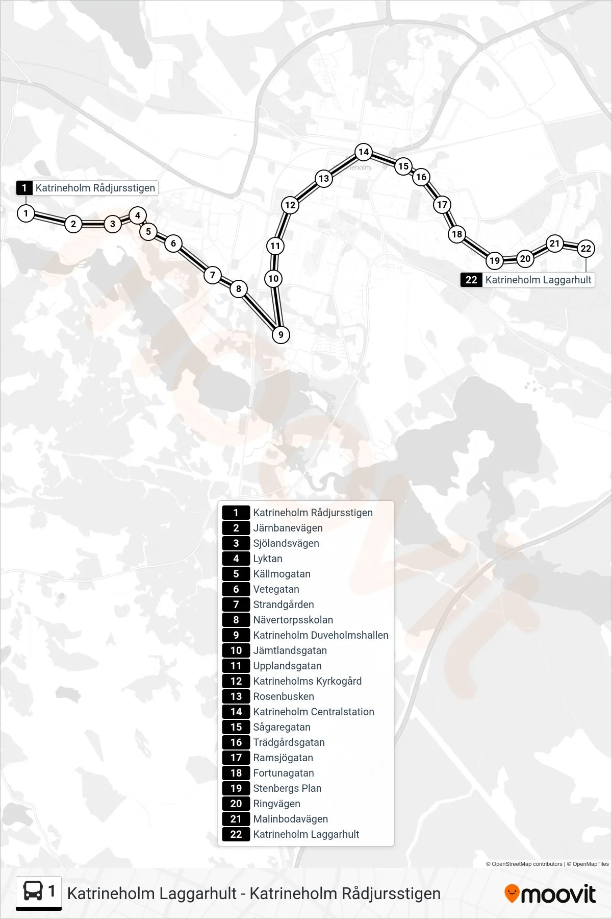 Rutt och hållplatser på karta för linje 1  spårvagn, (Katrineholm Laggarhult)