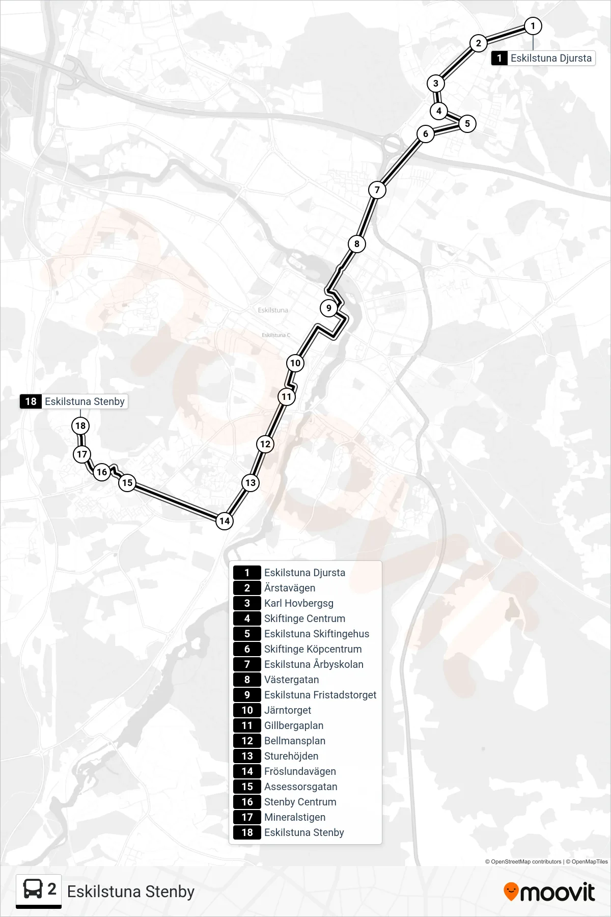 Rutt och hållplatser på karta för linje 2  spårvagn, (Eskilstuna Stenby)