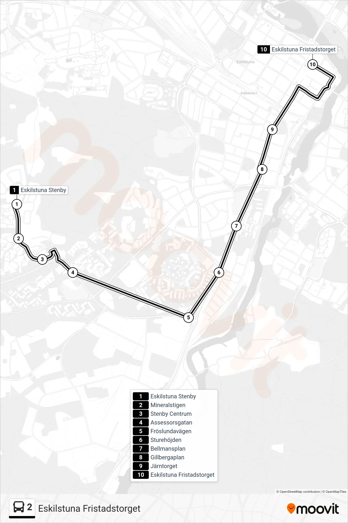 Rutt och hållplatser på karta för linje 2 spårvagn, (Eskilstuna Fristadstorget)