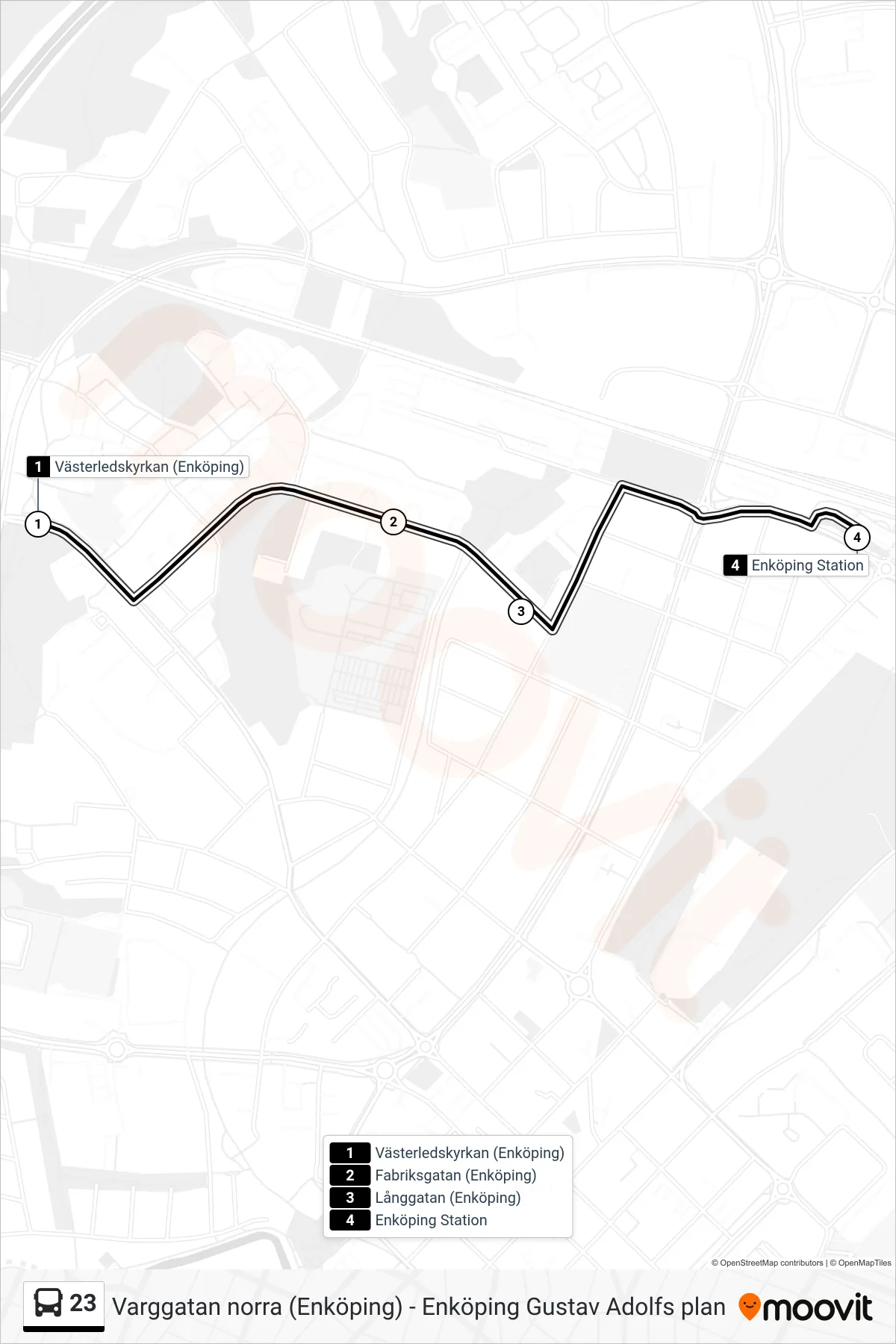 Rutt och hållplatser på karta för linje 23 spårvagn, (Enköping Station)