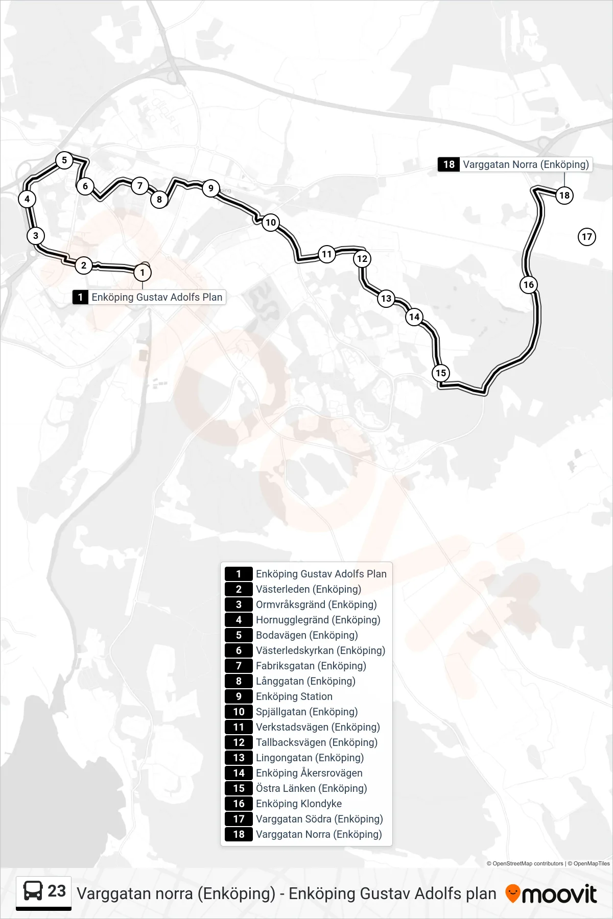 Rutt och hållplatser på karta för linje 23 spårvagn, (Varggatan Norra (Enköping))