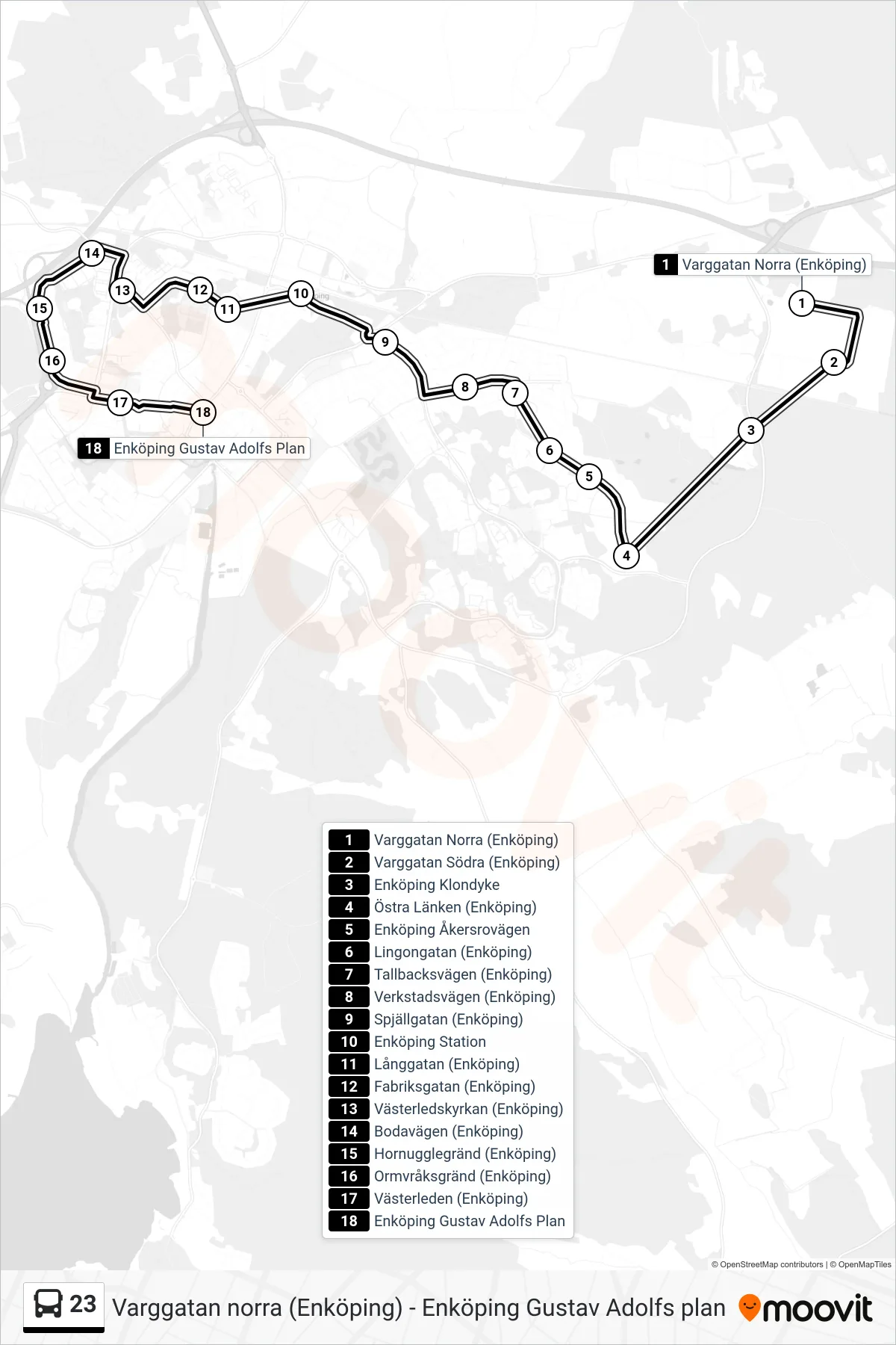 Rutt och hållplatser på karta för linje 23 spårvagn, (Enköping Gustav Adolfs Plan)