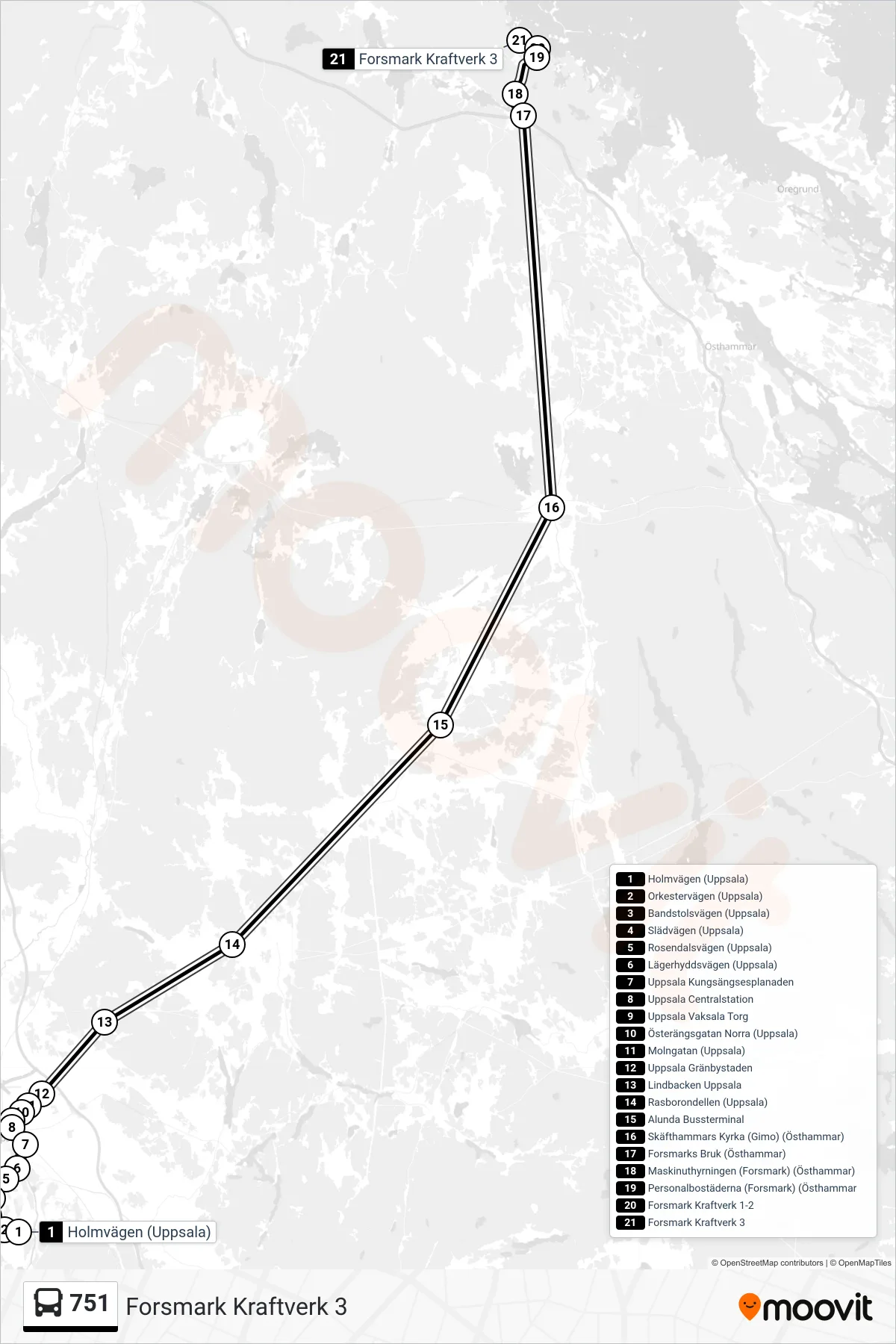 Rutt och hållplatser på karta för linje 751 spårvagn, (Forsmark Kraftverk 3)