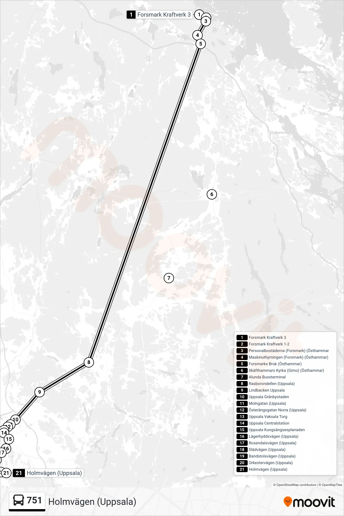 Rutt och hållplatser på karta för linje 751  spårvagn, (Holmvägen (Uppsala))