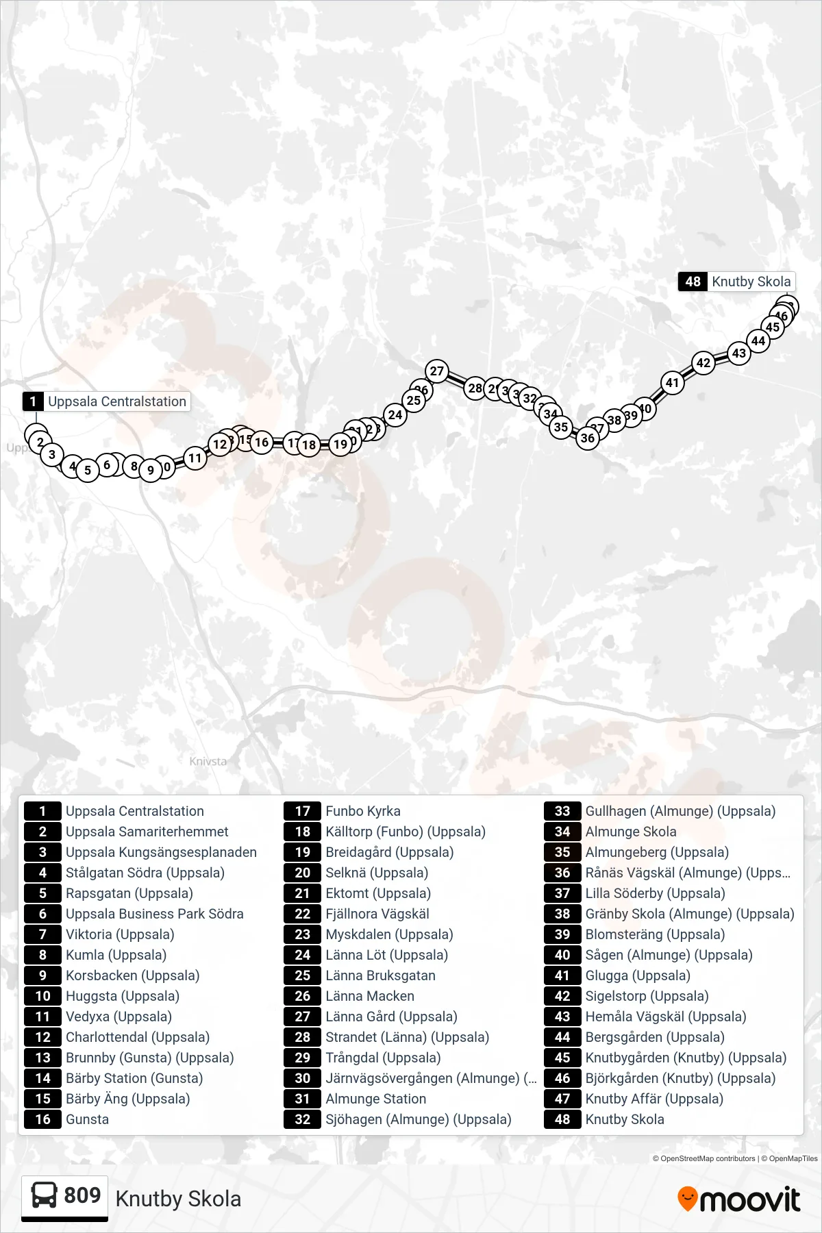Rutt och hållplatser på karta för linje 809 spårvagn, (Knutby Skola)