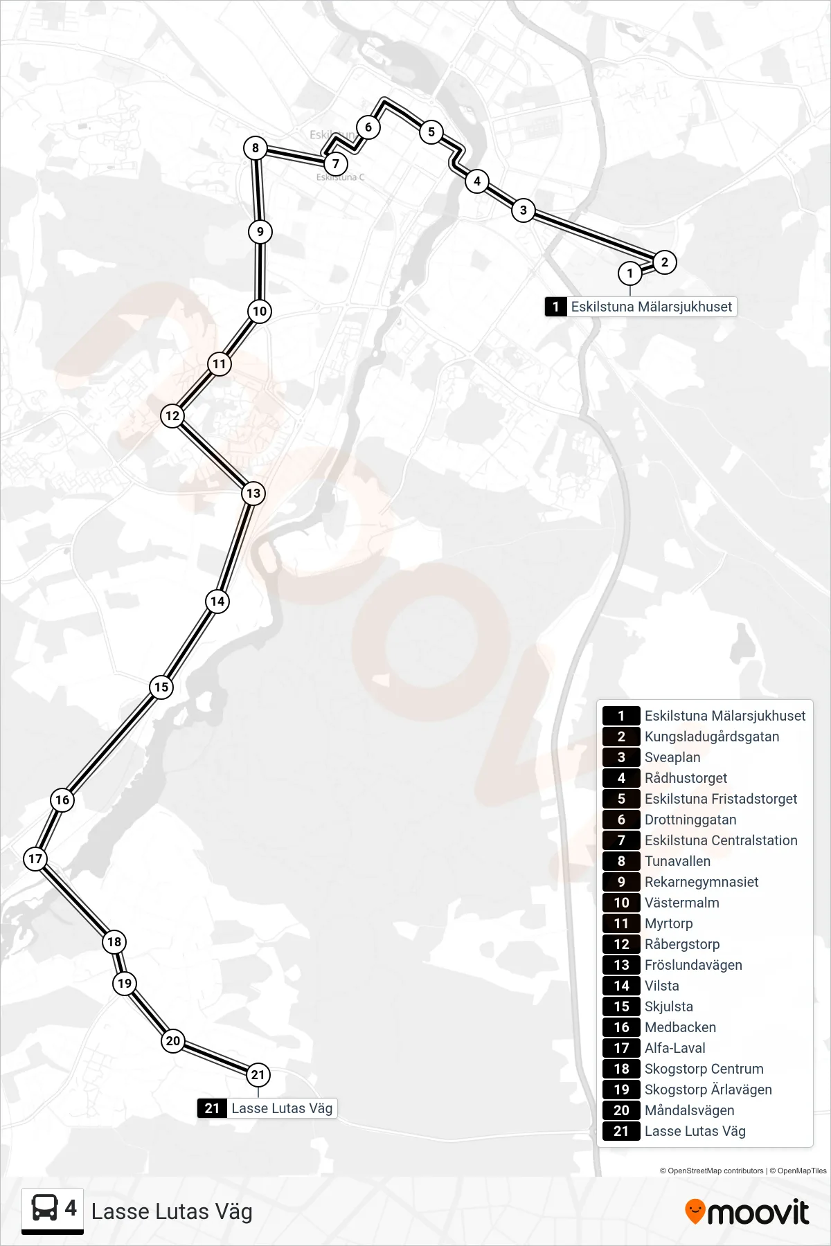 Rutt och hållplatser på karta för linje 4 spårvagn, (Lasse Lutas Väg)