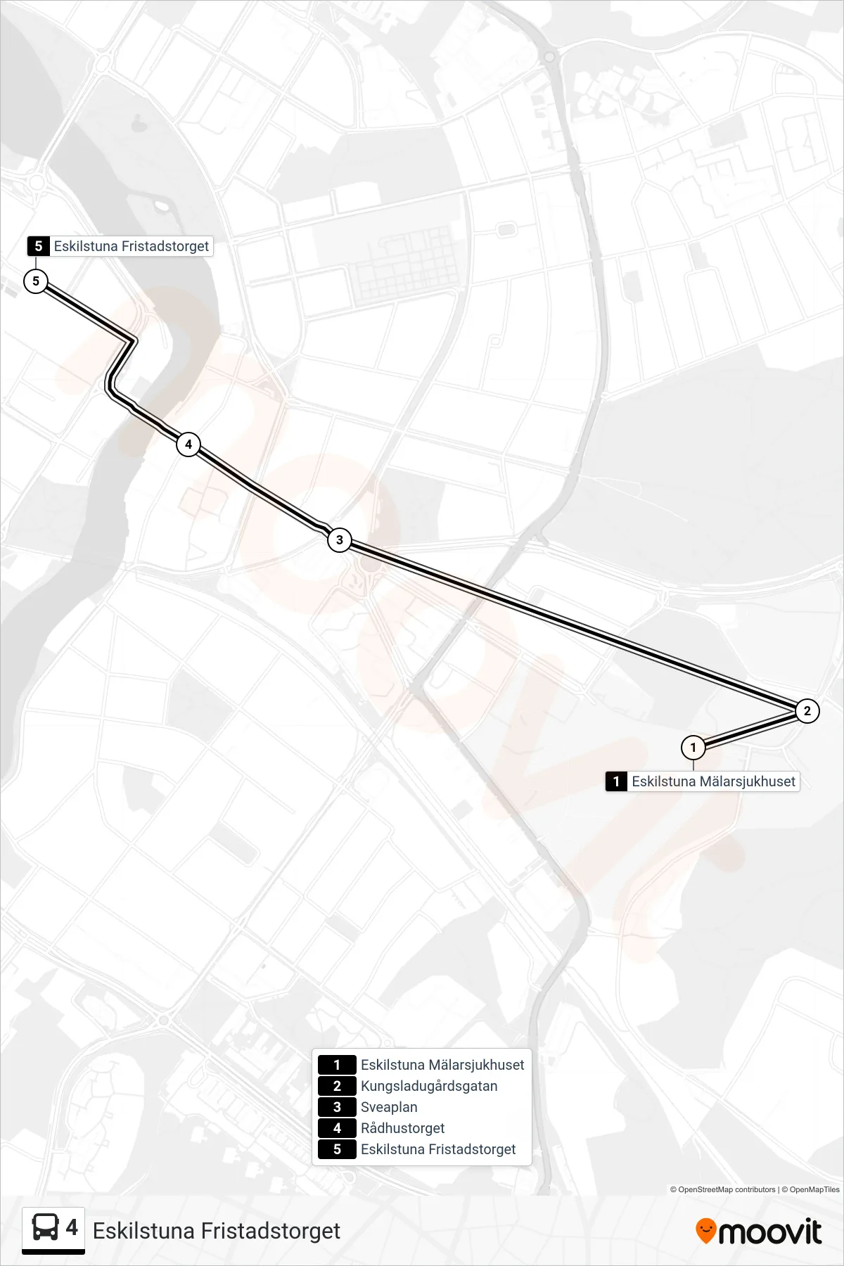 Rutt och hållplatser på karta för linje 4 spårvagn, (Eskilstuna Fristadstorget)