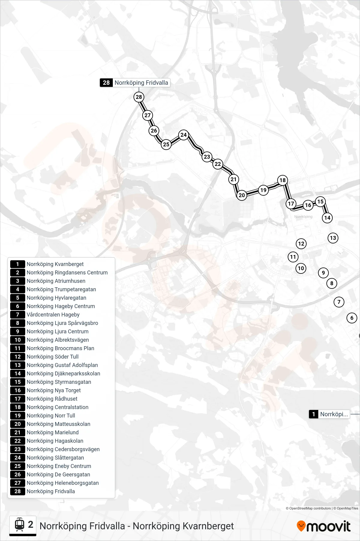Rutt och hållplatser på karta för linje 2 spårvagn, (Norrköping Fridvalla)
