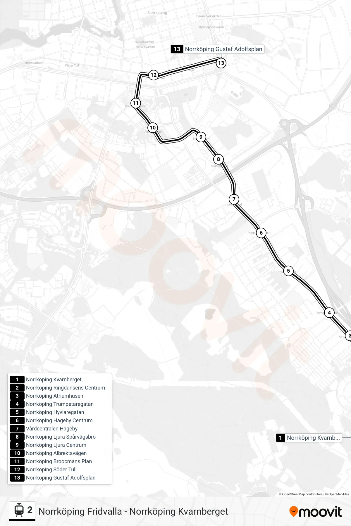 Rutt och hållplatser på karta för linje 2 spårvagn, (Norrköping Gustaf Adolfsplan)