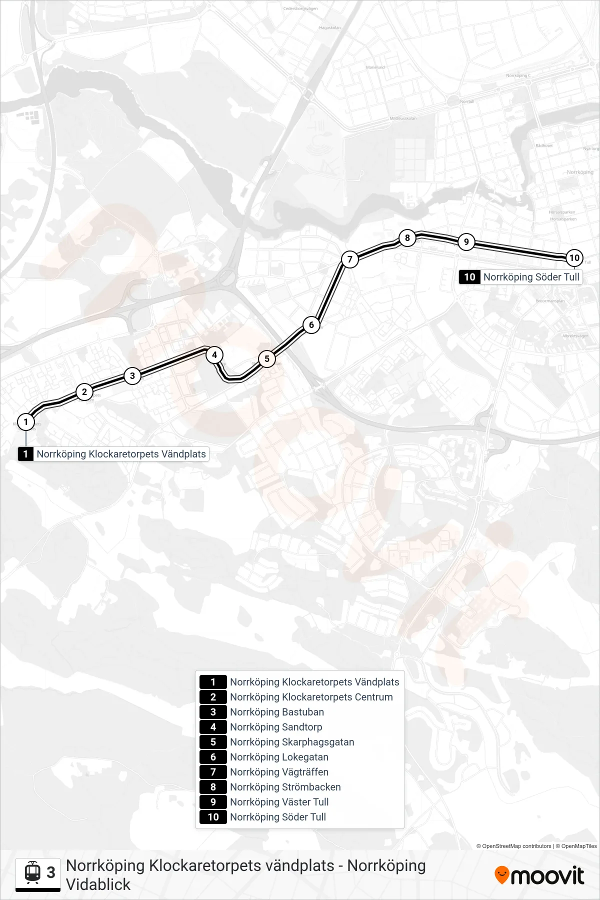 Rutt och hållplatser på karta för linje 3 spårvagn, (Norrköping Söder Tull)