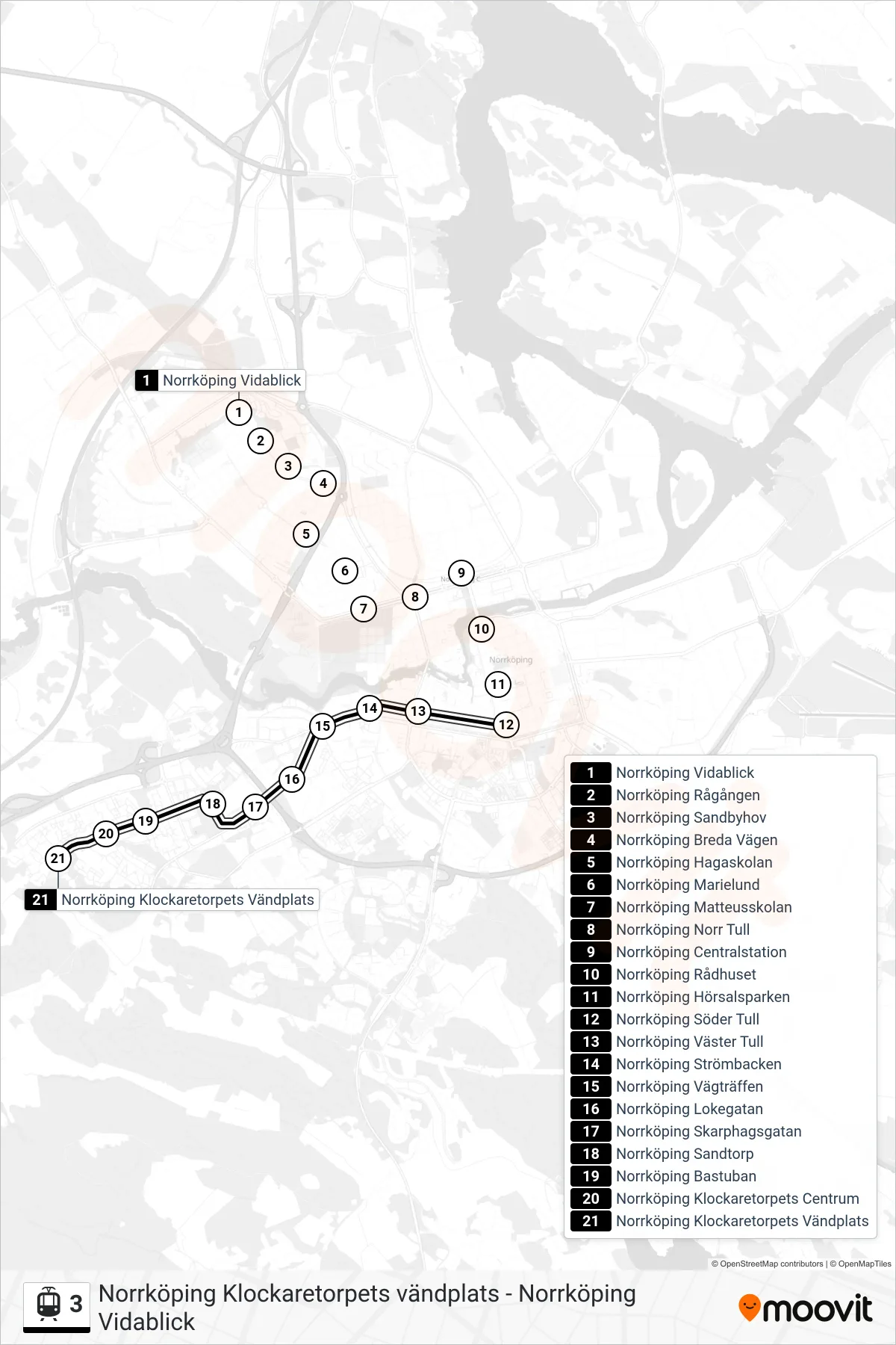 Rutt och hållplatser på karta för linje 3 spårvagn, (Norrköping Klockaretorpets Vändplats)