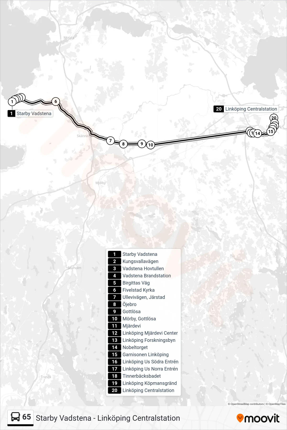 Rutt och hållplatser på karta för linje 65  spårvagn, (Linköping Centralstation)