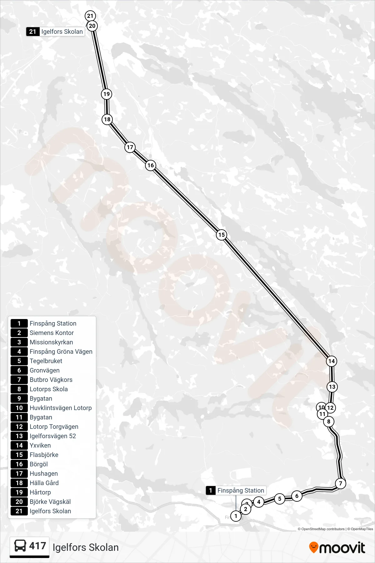 Rutt och hållplatser på karta för linje 417  spårvagn, (Igelfors Skolan)