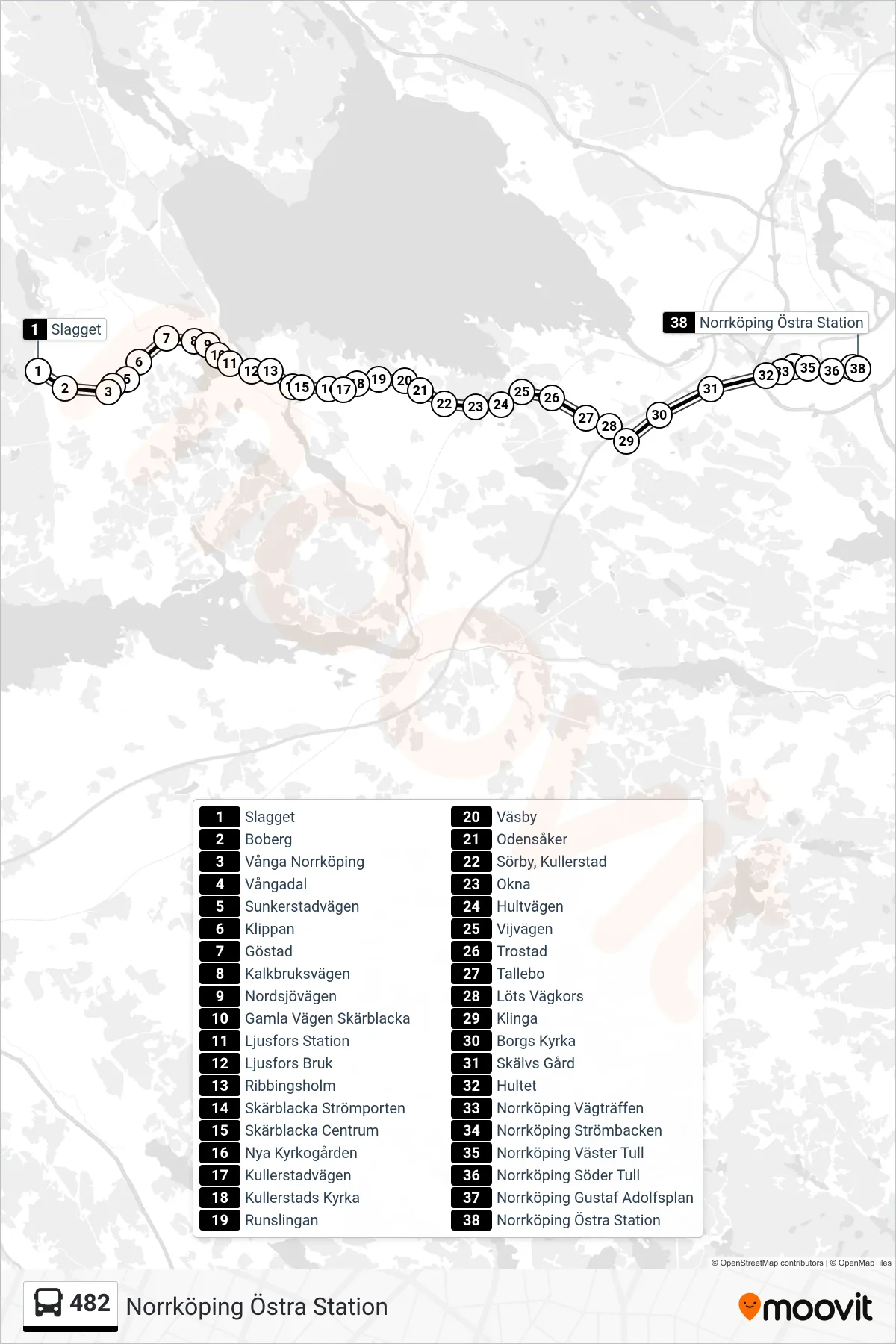 Rutt och hållplatser på karta för linje 482 spårvagn, (Norrköping Östra Station)