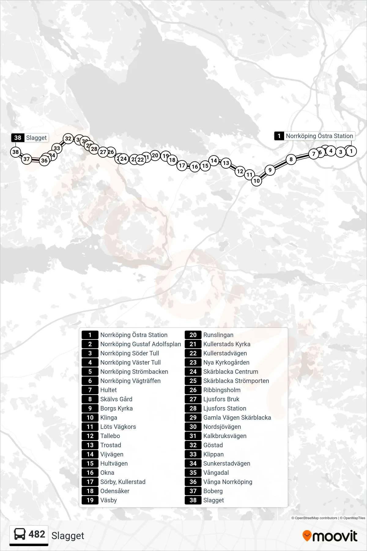 Rutt och hållplatser på karta för linje 482  spårvagn, (Slagget)