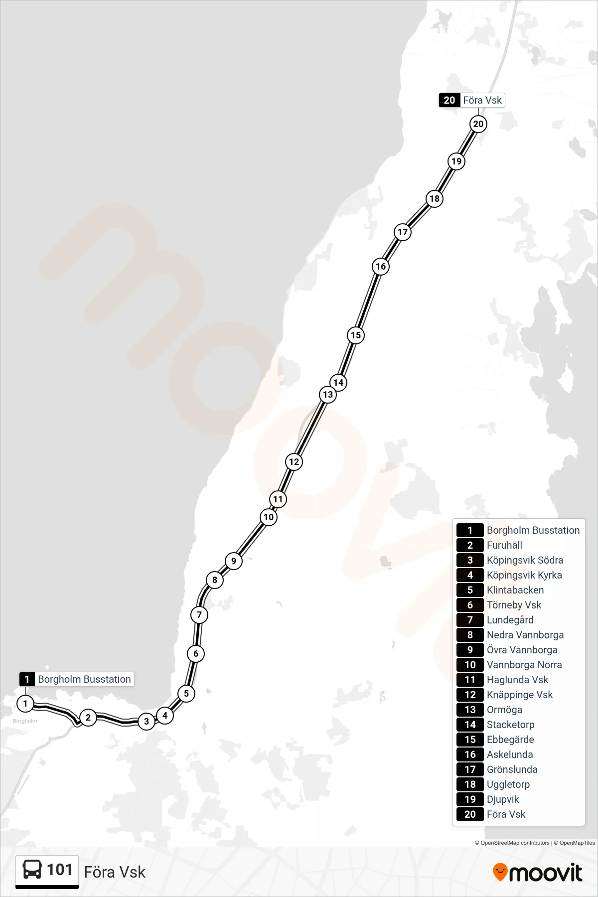 Rutt och hållplatser på karta för linje 101  spårvagn, (Föra Vsk)