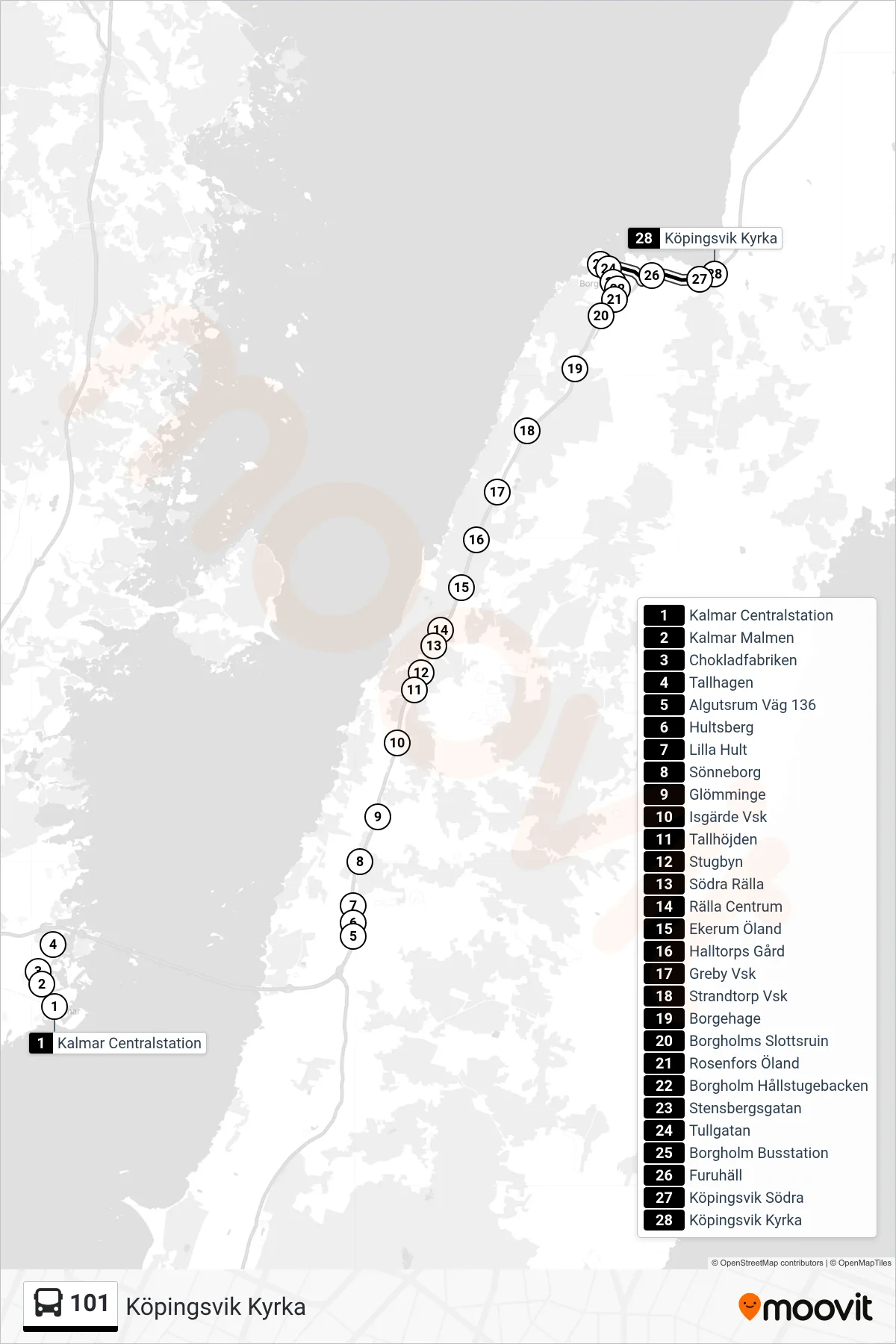 Rutt och hållplatser på karta för linje 101  spårvagn, (Köpingsvik Kyrka)
