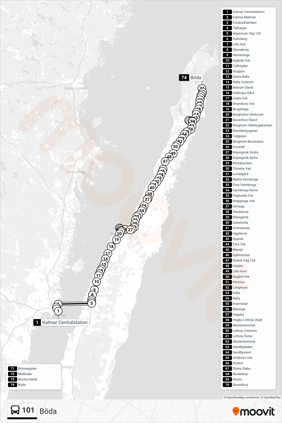 Rutt och hållplatser på karta för linje 101 spårvagn, (Böda)