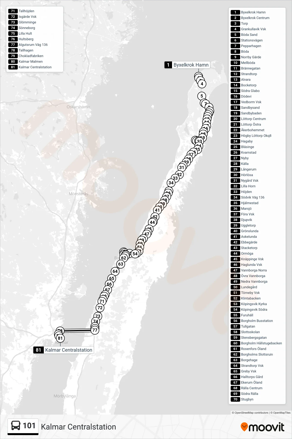 Rutt och hållplatser på karta för linje 101 spårvagn, (Kalmar Centralstation)