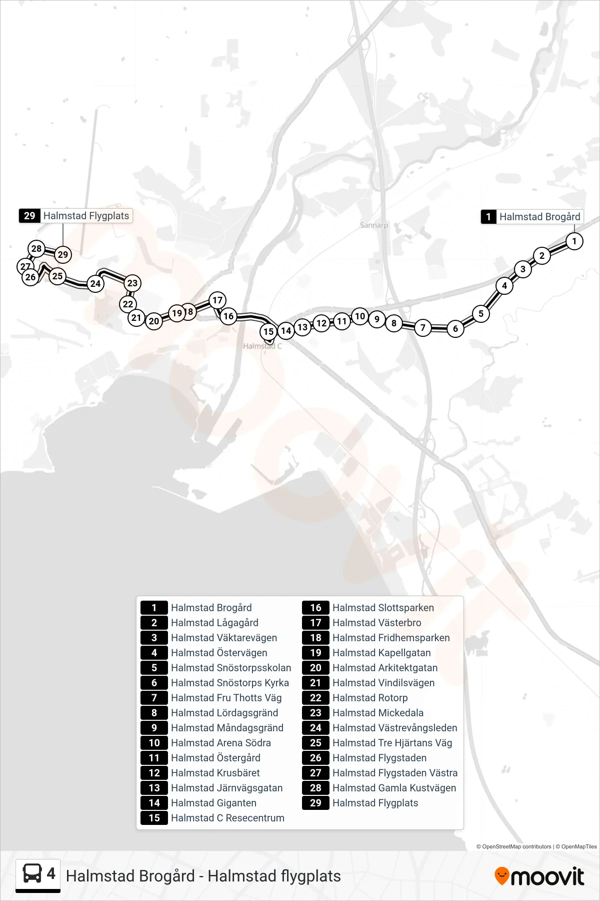 Rutt och hållplatser på karta för linje 4 spårvagn, (Halmstad Flygplats)