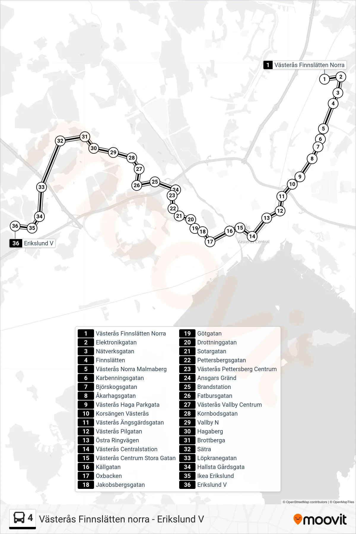 Rutt och hållplatser på karta för linje 4  spårvagn, (Erikslund V)