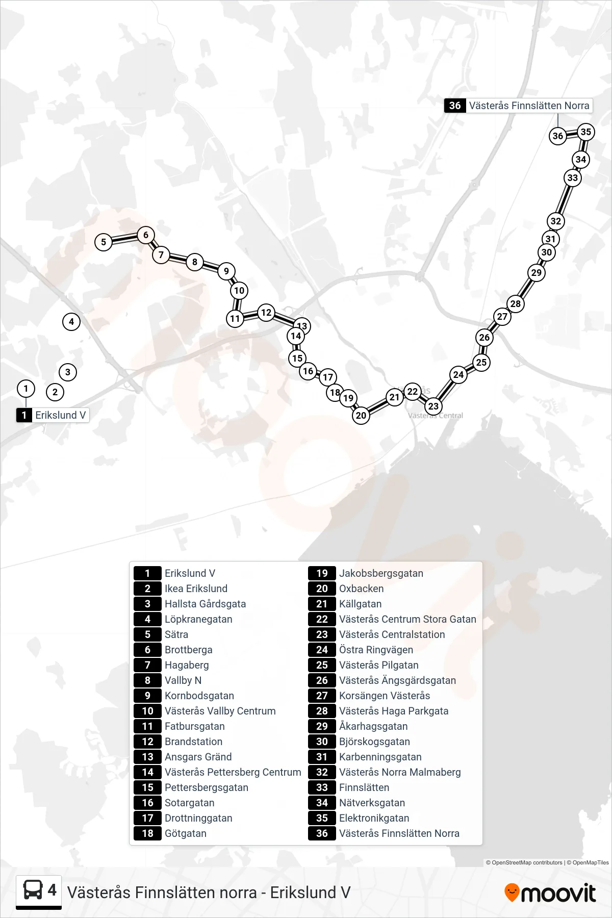 Rutt och hållplatser på karta för linje 4 spårvagn, (Västerås Finnslätten Norra)