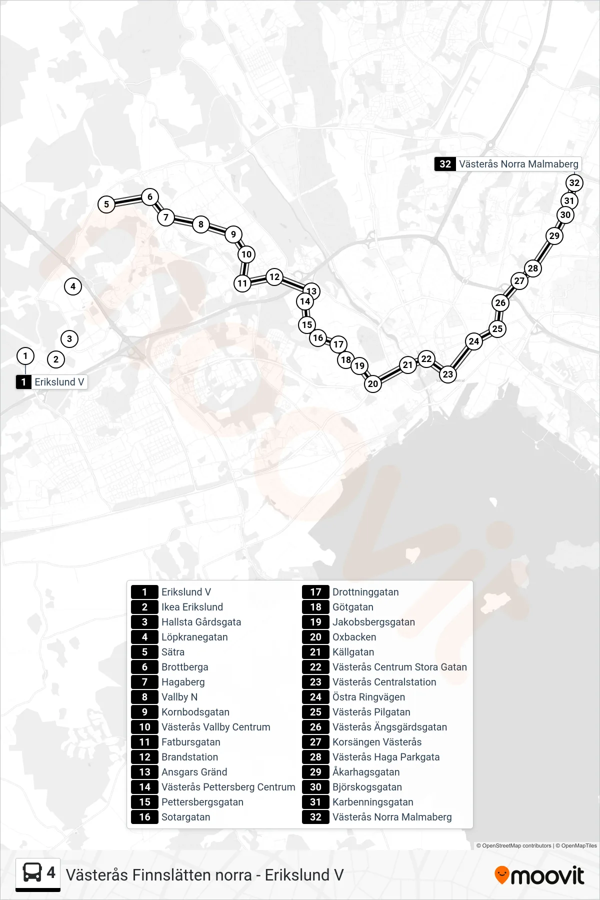 Rutt och hållplatser på karta för linje 4  spårvagn, (Västerås Norra Malmaberg)