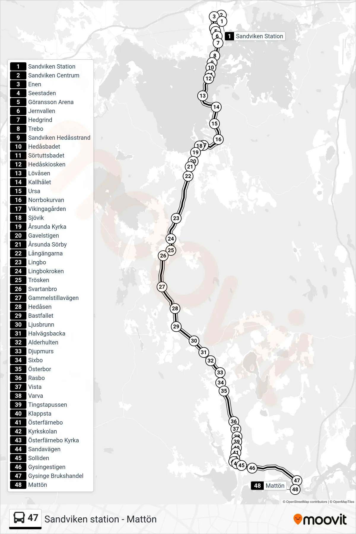 Rutt och hållplatser på karta för linje 47  buss, (Mattön)