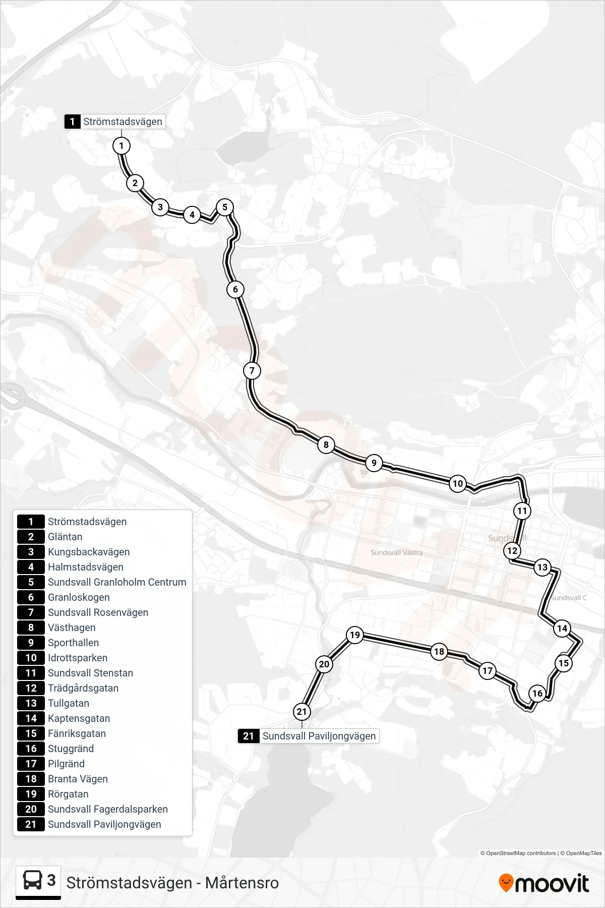 Rutt och hållplatser på karta för linje 3 spårvagn, (Sundsvall Paviljongvägen)