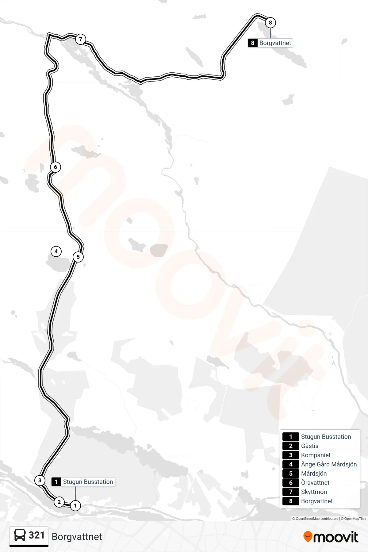 Rutt och hållplatser på karta för linje 321  spårvagn, (Borgvattnet)