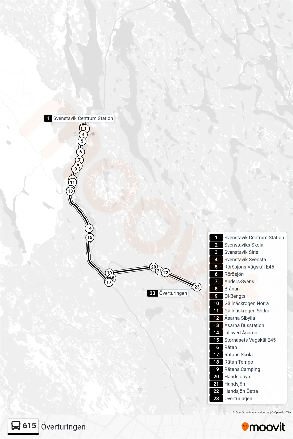 Rutt och hållplatser på karta för linje 615 spårvagn, (Överturingen)