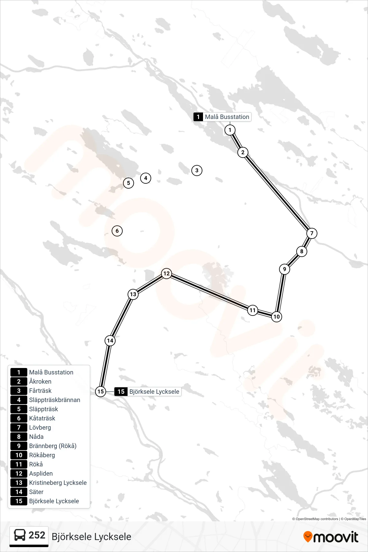 Rutt och hållplatser på karta för linje 252 spårvagn, (Björksele Lycksele)