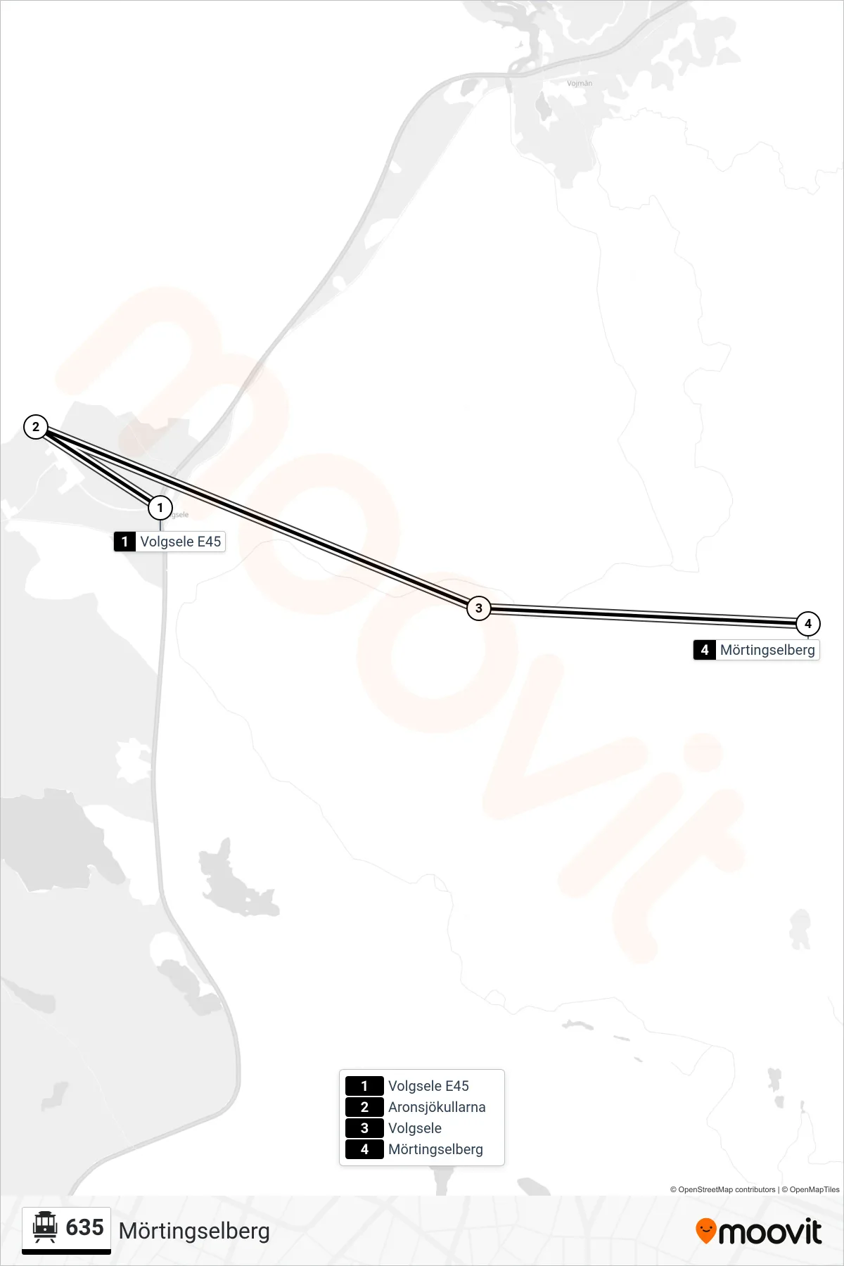 Rutt och hållplatser på karta för linje 635 spårvagn, (Mörtingselberg)