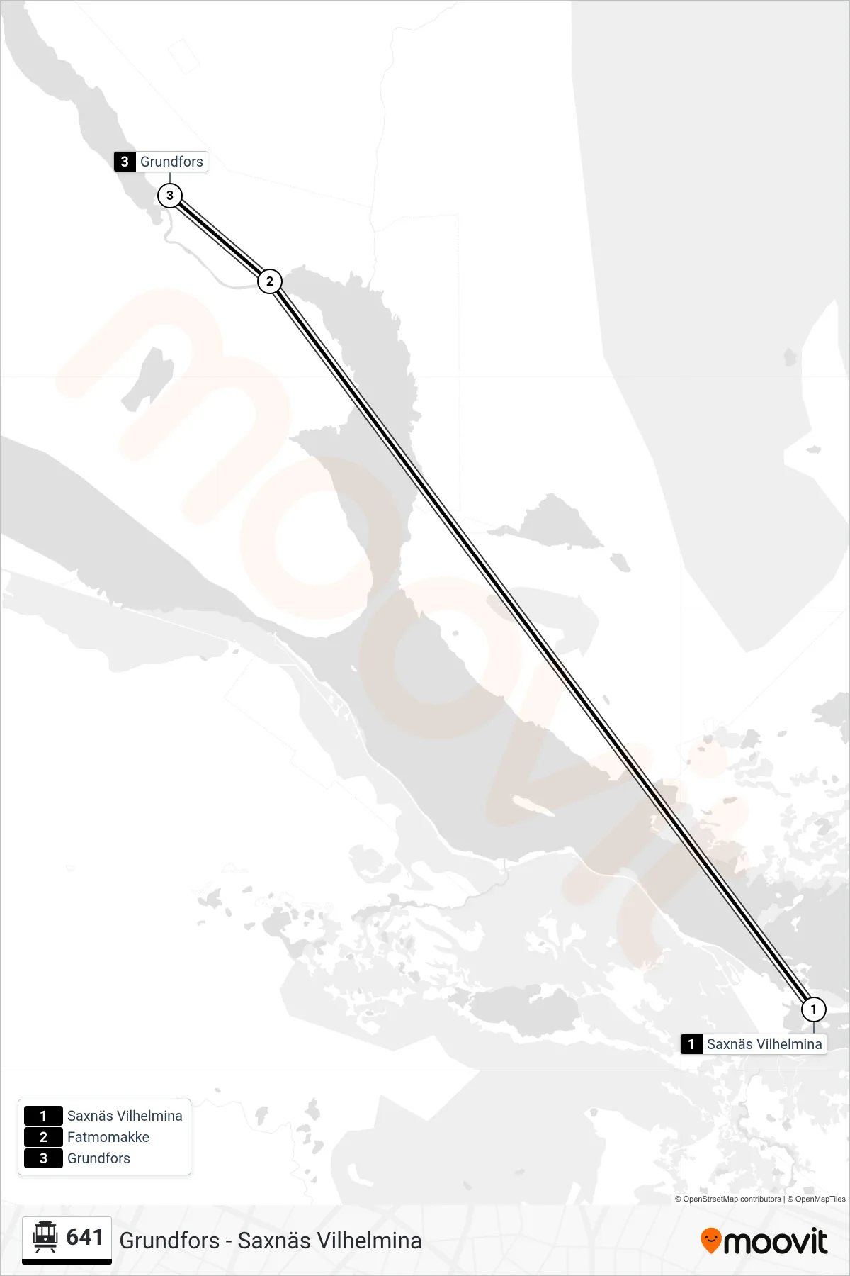 Rutt och hållplatser på karta för linje 641 spårvagn, (Grundfors)