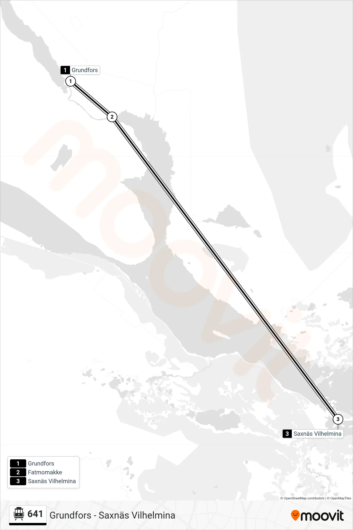 Rutt och hållplatser på karta för linje 641  spårvagn, (Saxnäs Vilhelmina)