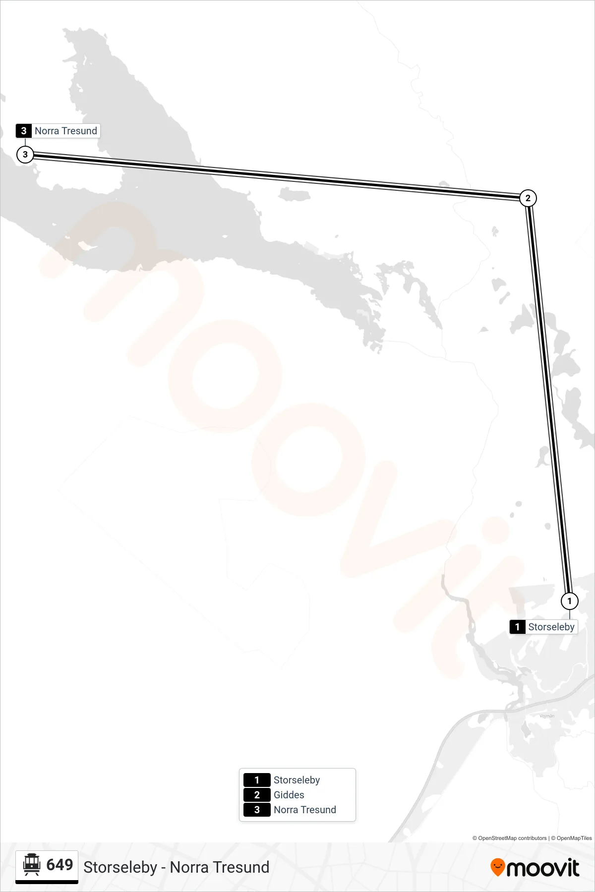 Rutt och hållplatser på karta för linje 649 spårvagn, (Norra Tresund)