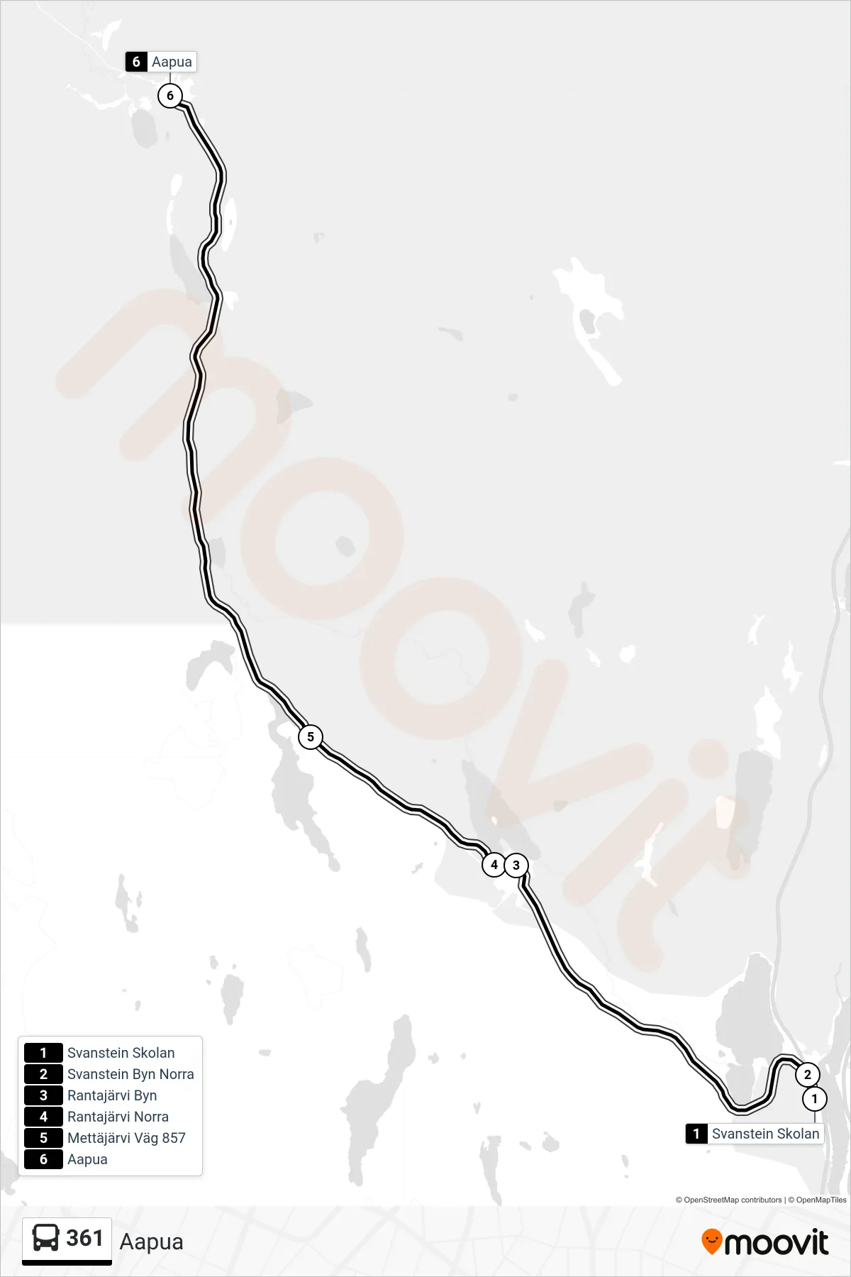 Rutt och hållplatser på karta för linje 361 spårvagn, (Aapua)