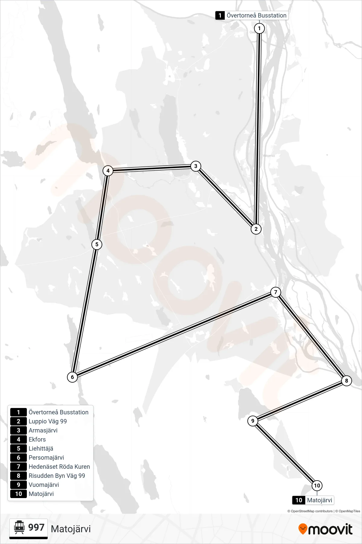 Rutt och hållplatser på karta för linje 997  spårvagn, (Matojärvi)