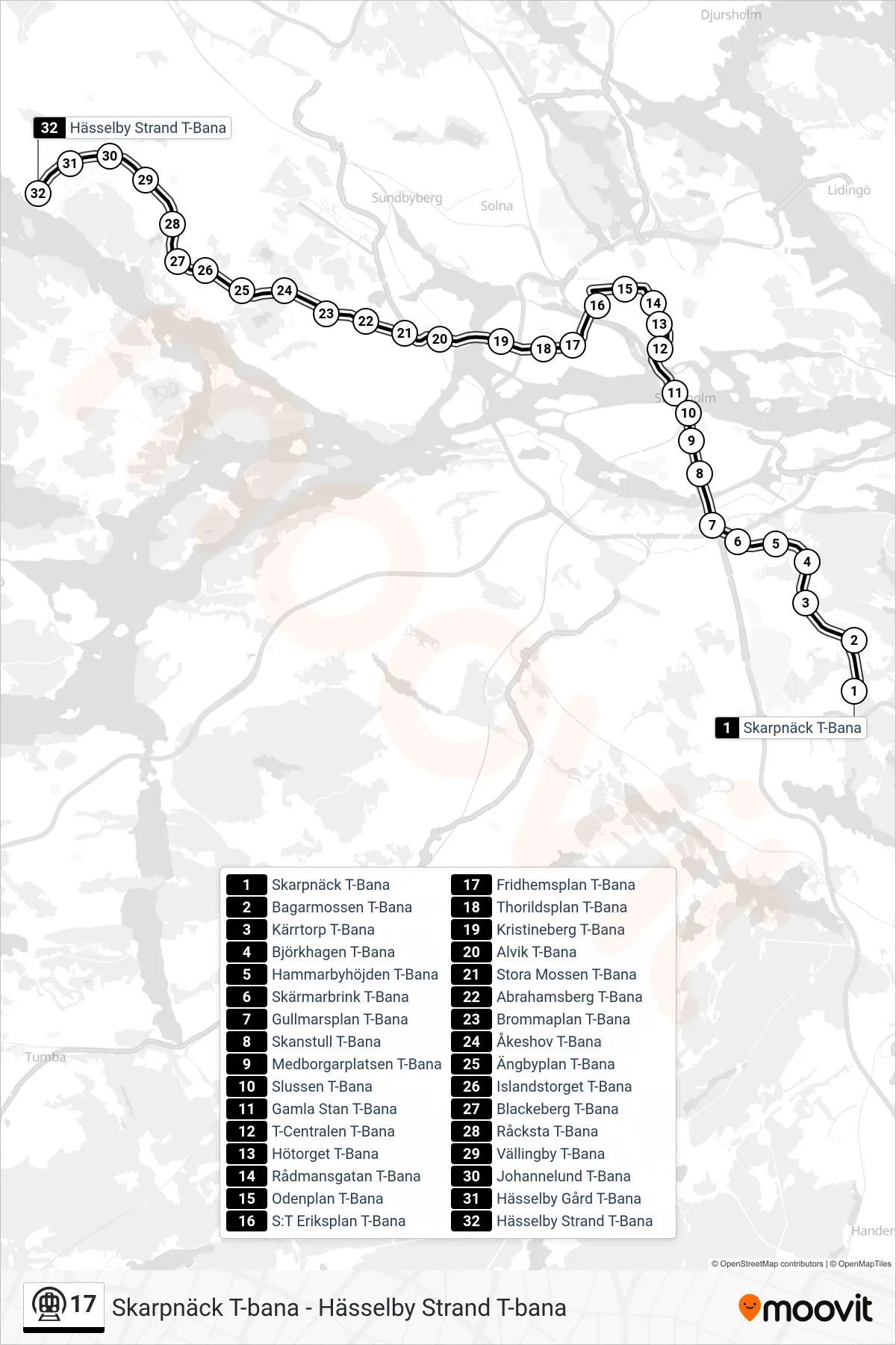 Rutt och hållplatser på karta för linje 17 tunnelbana, (Hässelby Strand T-Bana)