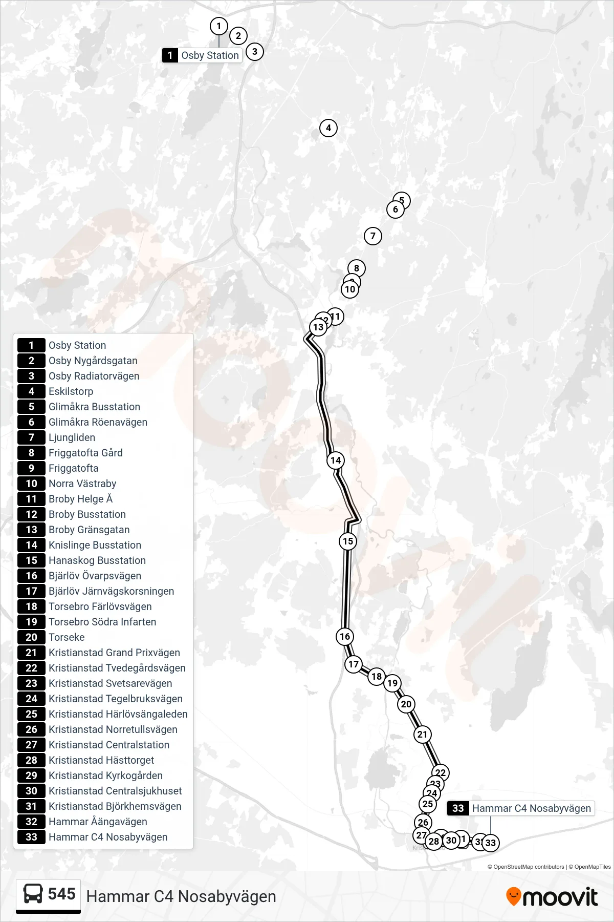 Rutt och hållplatser på karta för linje 545 spårvagn, (Hammar C4 Nosabyvägen)