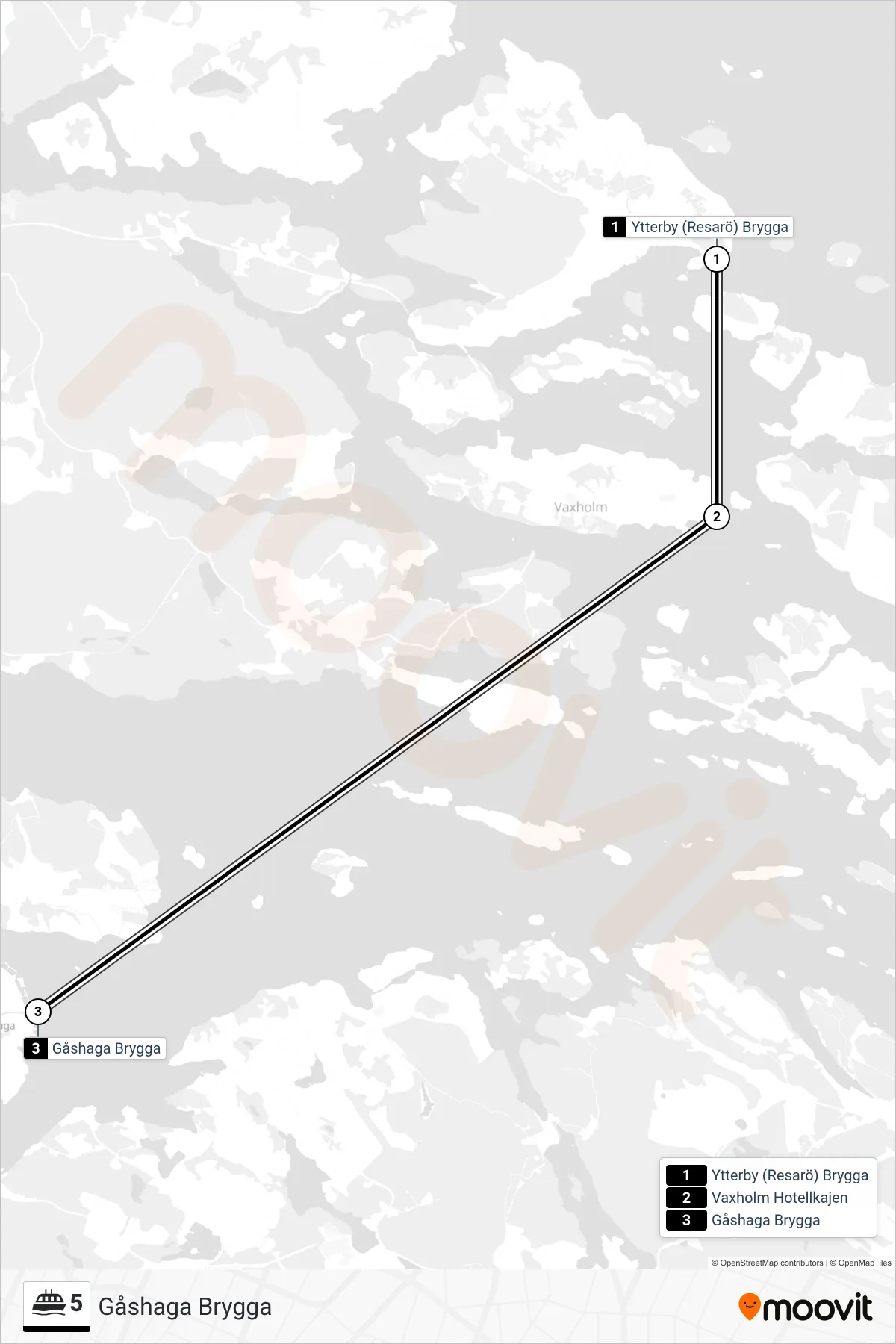Rutt och hållplatser på karta för linje 5  färja, (Gåshaga Brygga)