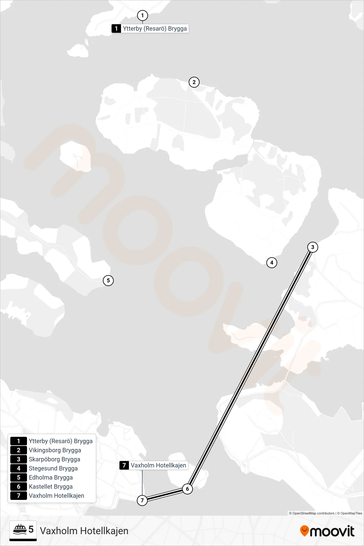 Rutt och hållplatser på karta för linje 5 färja, (Vaxholm Hotellkajen)