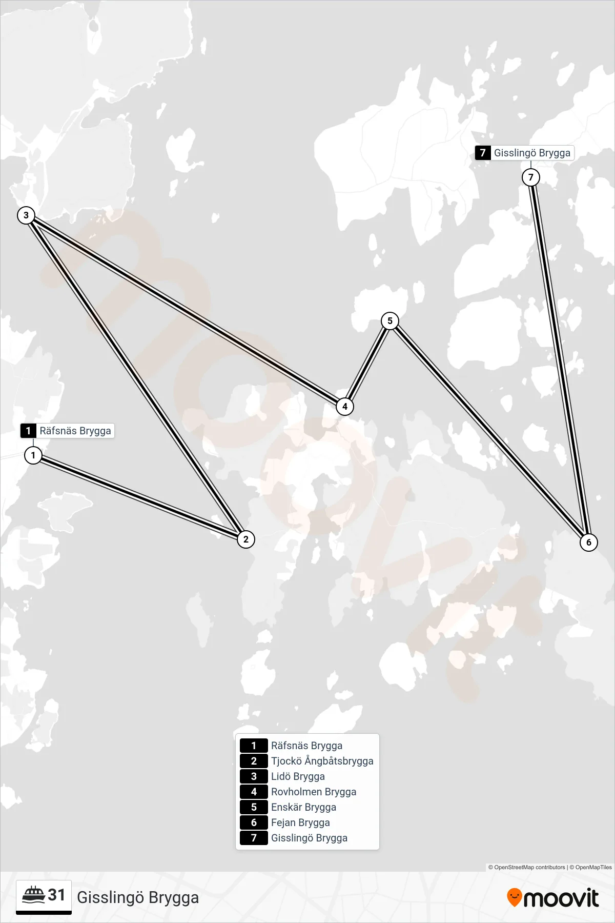 Rutt och hållplatser på karta för linje 31  färja, (Gisslingö Brygga)