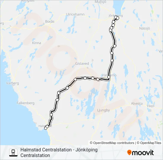 HALMSTAD CENTRALSTATION - JÖNKÖPING CENTRALSTATION Train Line Map