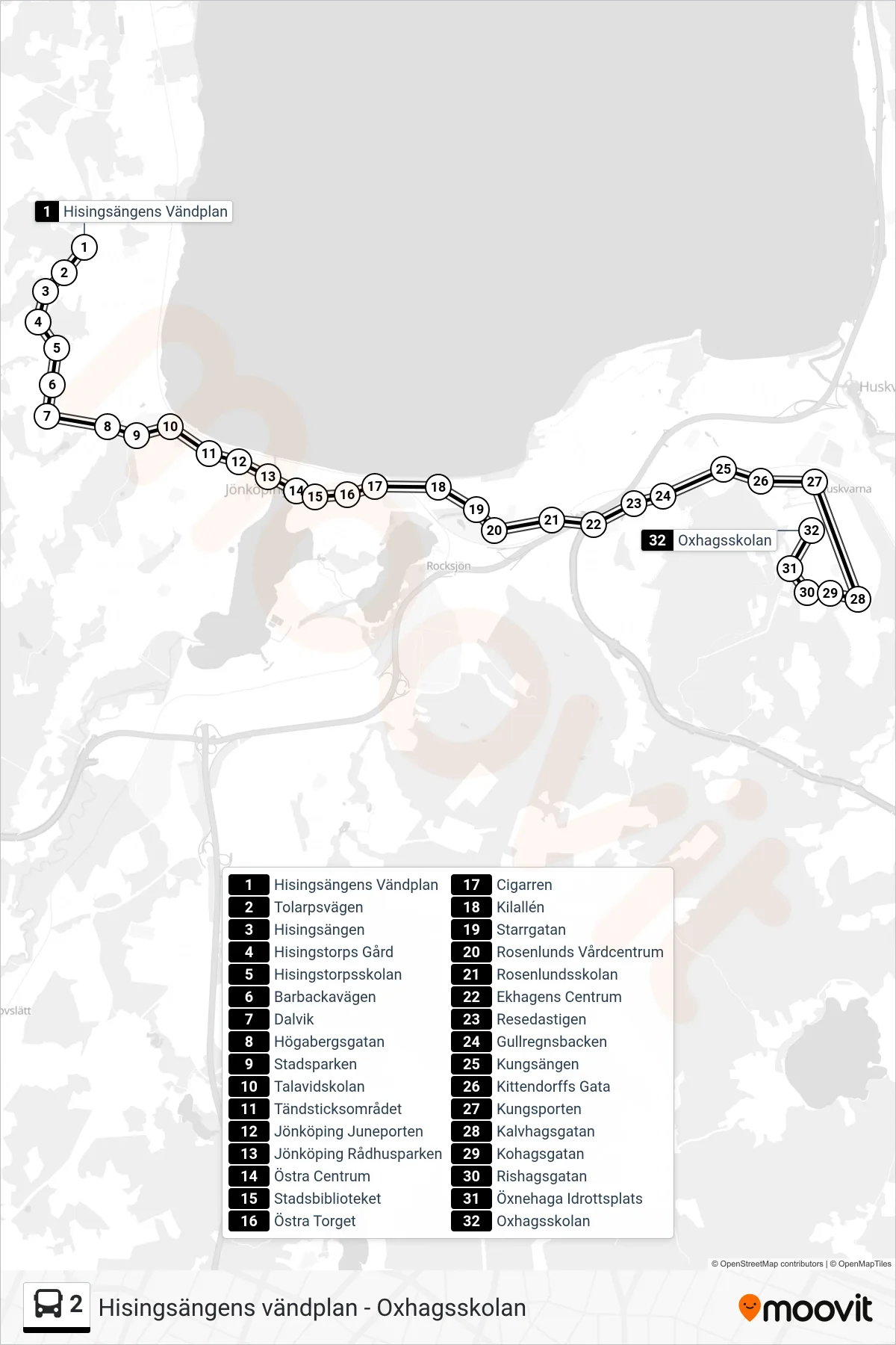 Rutt och hållplatser på karta för linje 2 spårvagn, (Oxhagsskolan)