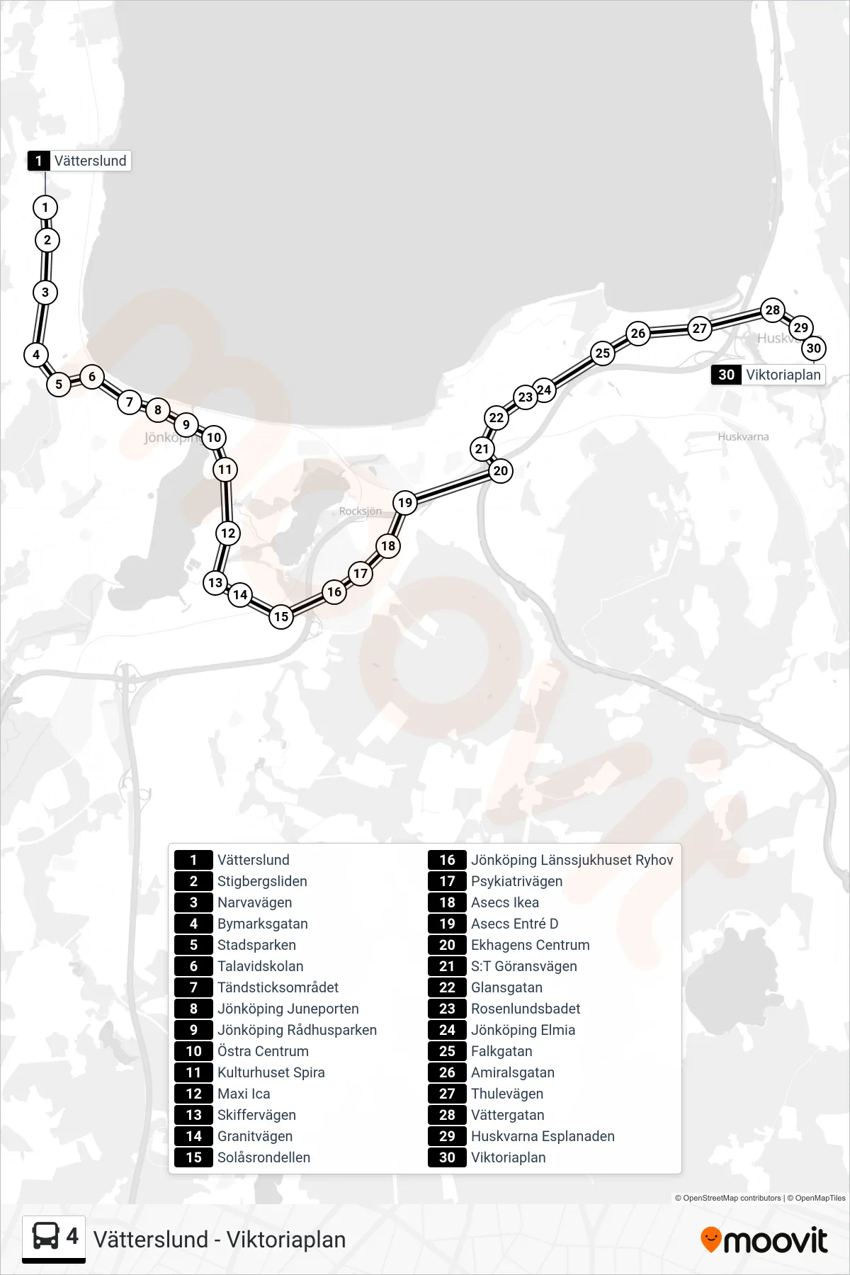 Rutt och hållplatser på karta för linje 4 spårvagn, (Viktoriaplan)
