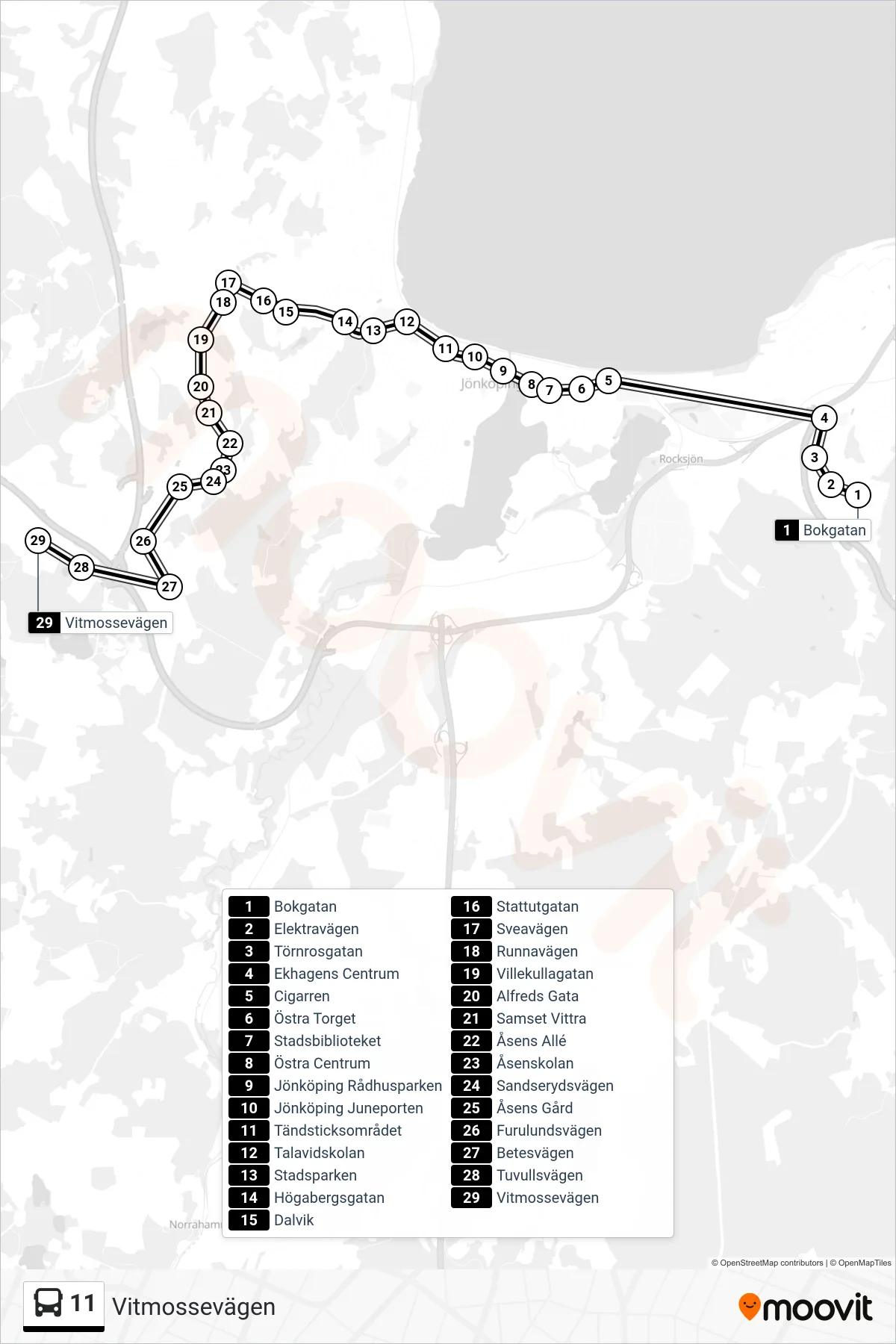 Rutt och hållplatser på karta för linje 11 spårvagn, (Vitmossevägen)