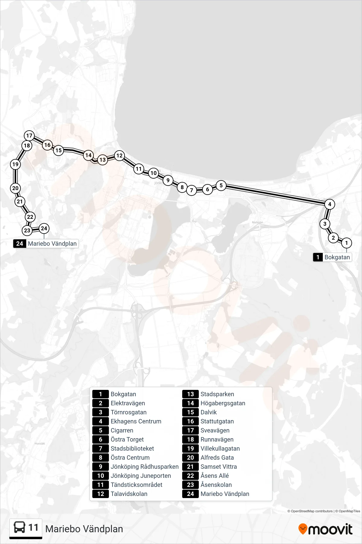 Rutt och hållplatser på karta för linje 11  spårvagn, (Mariebo Vändplan)