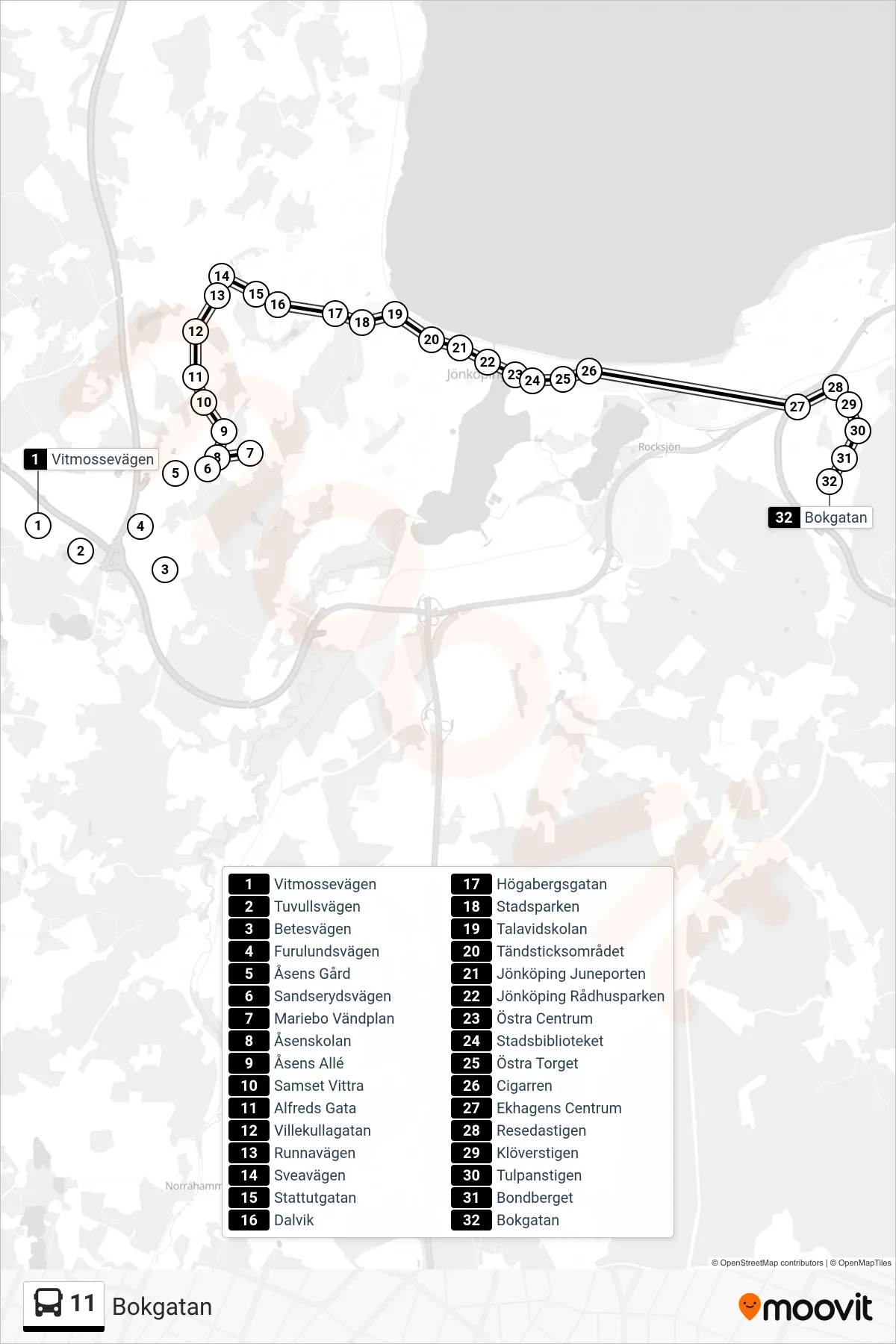 Rutt och hållplatser på karta för linje 11  spårvagn, (Bokgatan)